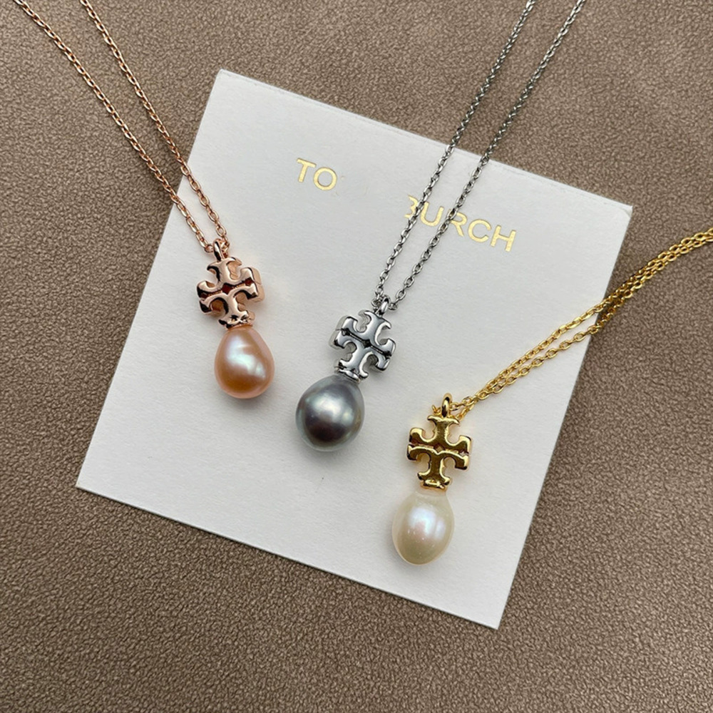 Tory Burch Gold Plated Double Pearl Pendant Necklace Natural Freshwater Pearl